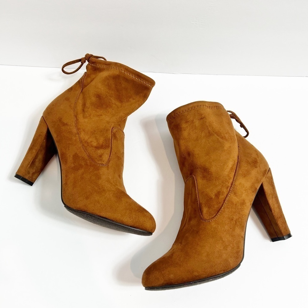 BRECKELLES FAUX SUEDE DRAWSTRONG CHUNKY HEEL TAN WOMEN PAMELA SOCK BOOTIES 10